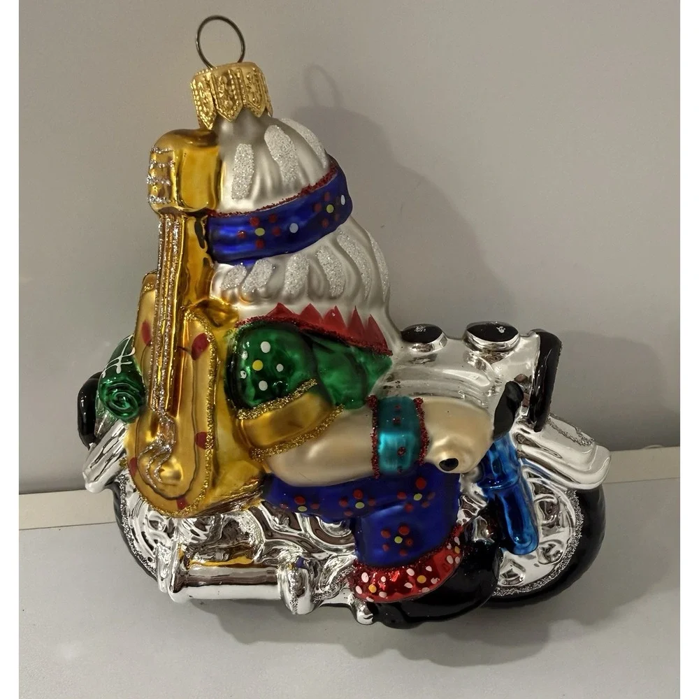 Max Glass Santa Claus Riding Motorcycle Blown Glass Christmas Ornament Poland